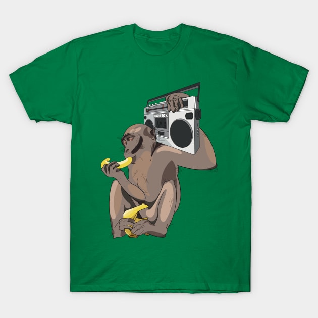 Funky monkey eating a banana listening to a boombox T-Shirt by Fruit Tee